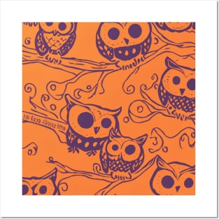 Orange and Purple Halloween Owl Pattern Posters and Art